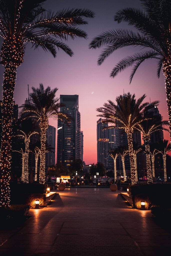 Strasse mit erleuchteten Palmen rechts und links am Wegesrand in Dubai