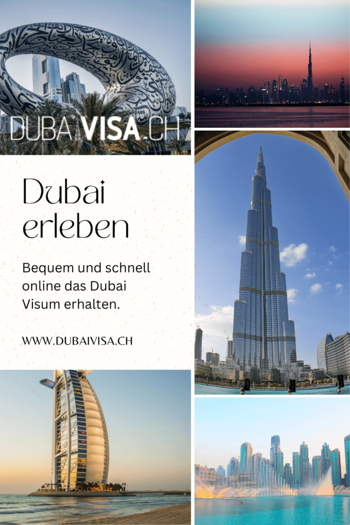 Zusammenstellung versch. Dubai Bilder, Sehenswürdigkeiten, Gebäude und Schriftzug Dubaivisa.ch darauf.