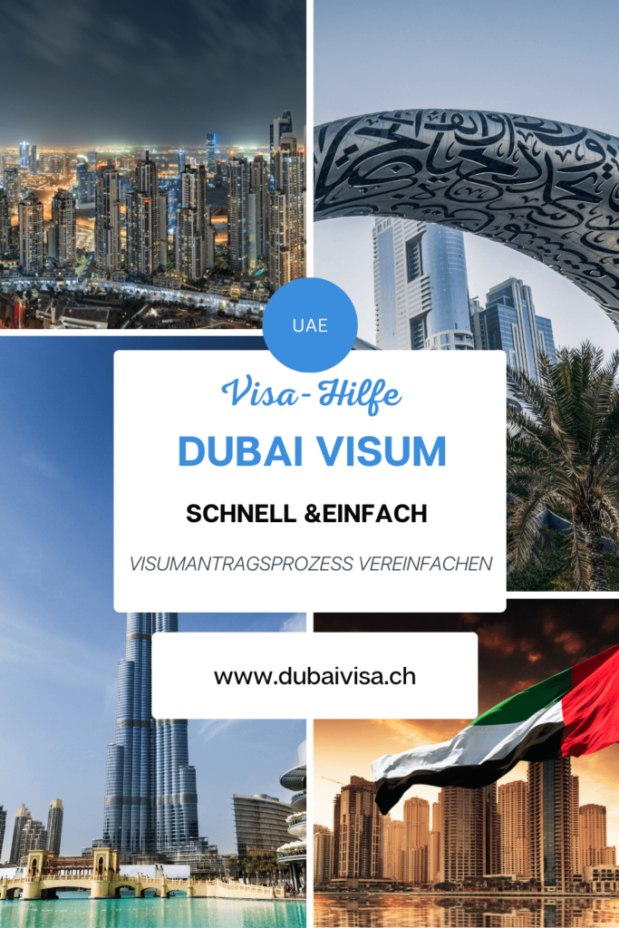 Verschiedene Sehenswürdigkeiten aus Dubai in einem Bild zusammengefast, mittig dann der Schriftzug "UAE, Dubai Visa Hilfe, schnell und einfach".